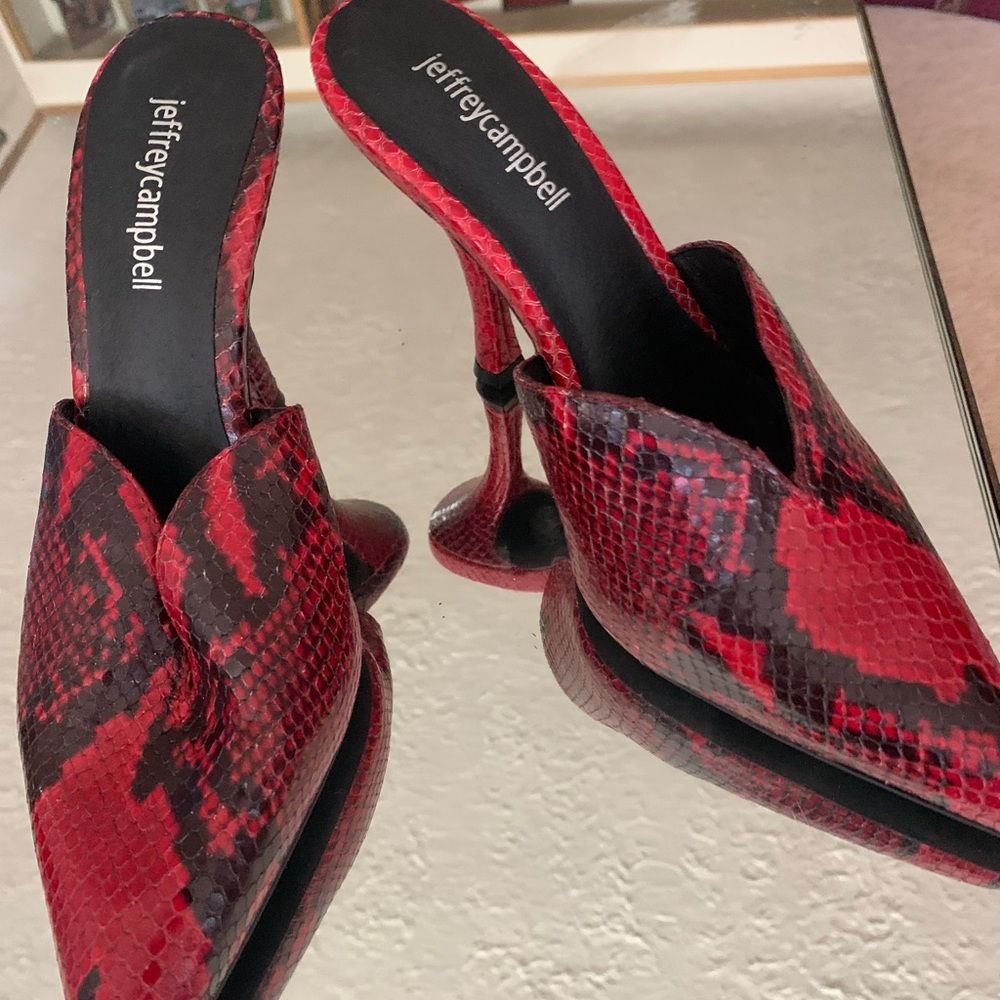 Red/Black snake skin mules. Never worn. See photos.